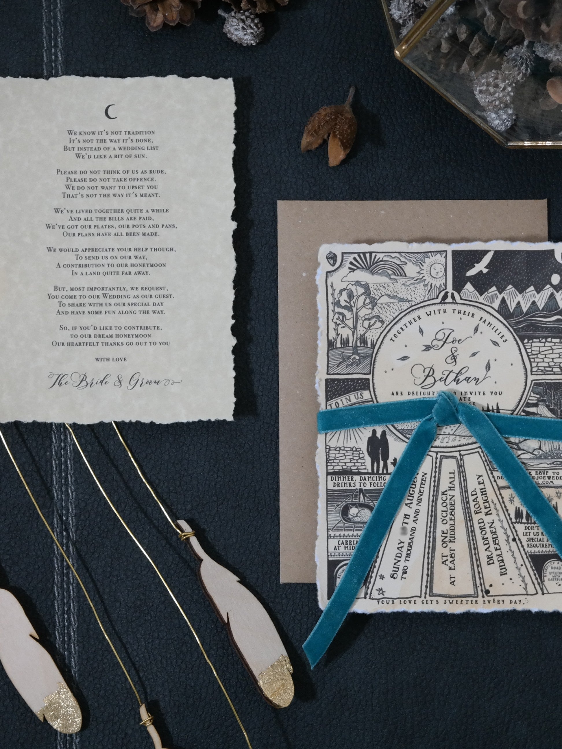 Bohemian style illustrated wedding invites