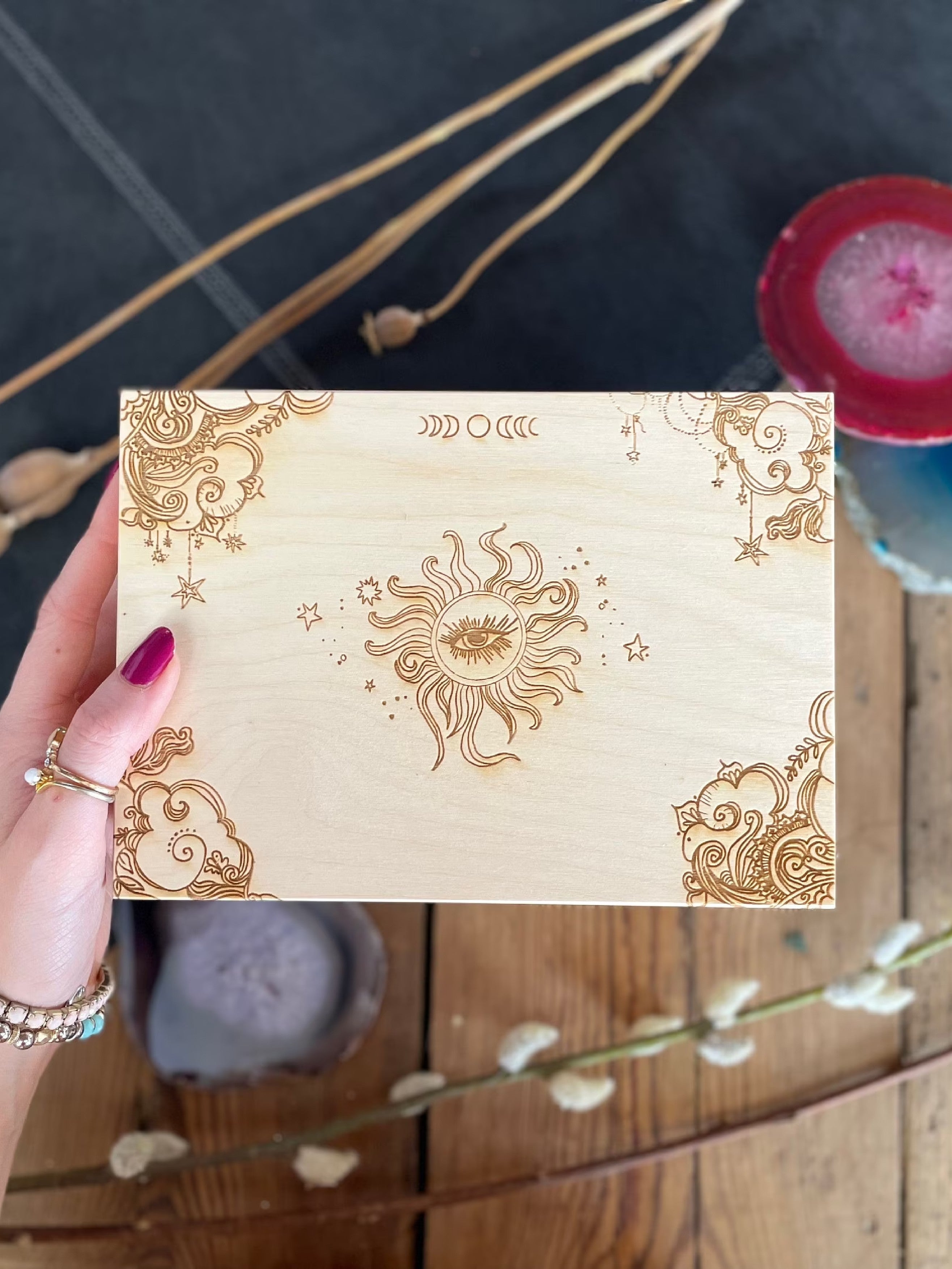 Handmade wooden trinket box etched with all seeing eye, moon phase, celestial design.