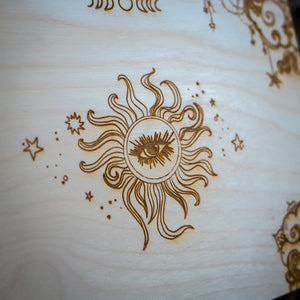 Handmade wooden trinket box etched with all seeing eye.