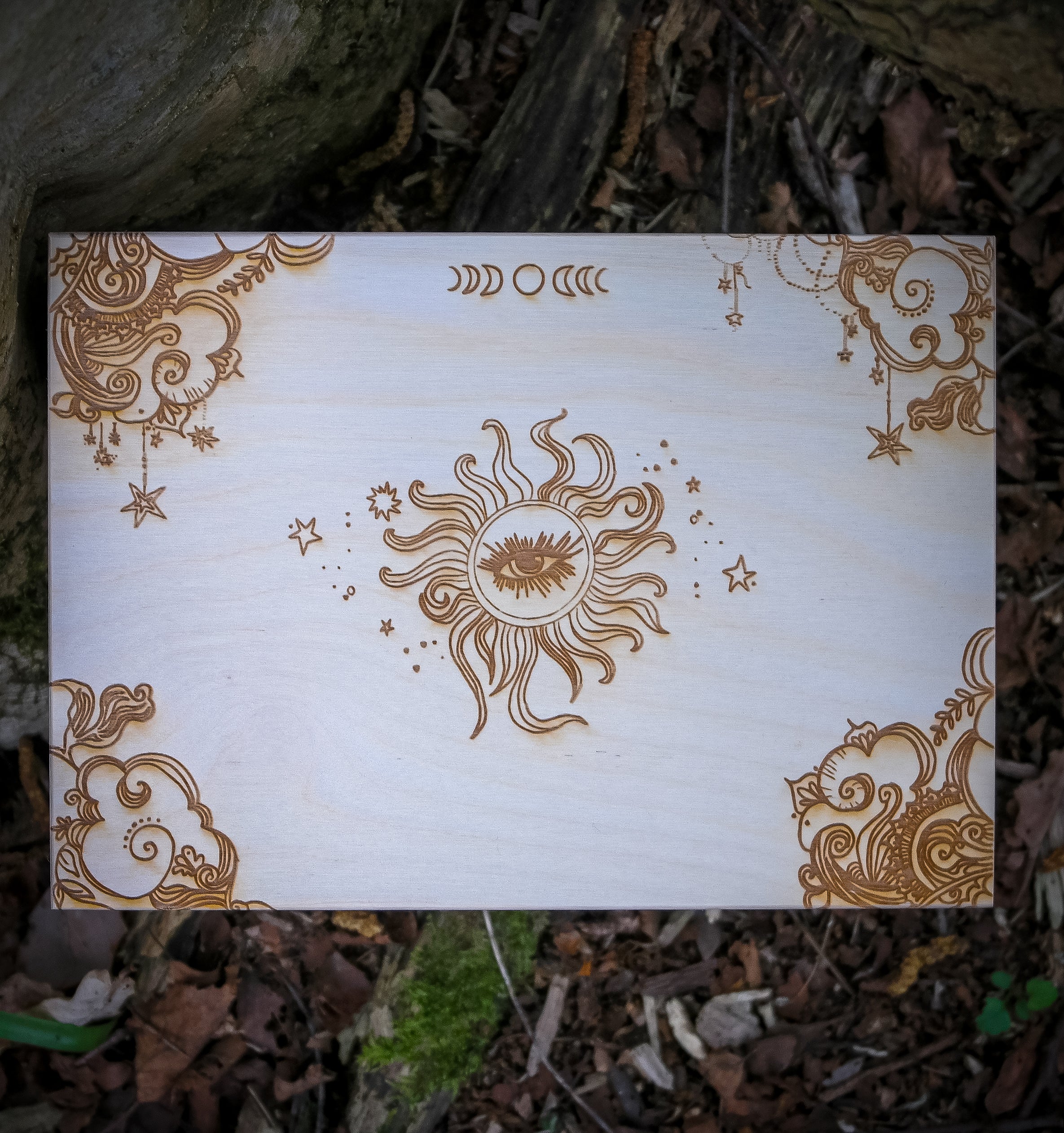 Handmade wooden trinket box etched with all seeing eye, moon phase, celestial design for keepsakes, jewelry and gifts.
