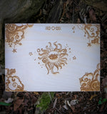 Load image into Gallery viewer, Handmade wooden trinket box etched with all seeing eye, moon phase, celestial design for keepsakes, jewelry and gifts.
