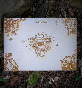 Handmade wooden trinket box etched with all seeing eye, moon phase, celestial design for keepsakes, jewelry and gifts.
