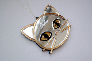 Mirrored cat shaped hanging decoration with name personalisation