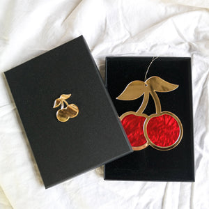 Red & gold cherry ornament in gift box