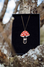 Load image into Gallery viewer, A red, white and silver toadstool shaped necklace with acrylic and mirror in a gift box.
