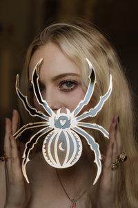 An eye peering through a gap in a spider shaped mirror