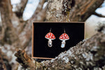 Load image into Gallery viewer, A red, white and silver toadstool shaped earrings with acrylic and mirror in a gift box.
