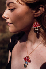 Load image into Gallery viewer, A red, white and mirror toadstool shaped necklace and earrings with acrylic and mirror.
