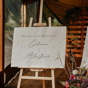 Celestial style wedding welcome sign with names Olivia & Alastair
