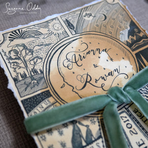 Bohemian style illustrated wedding invites with green ribbon