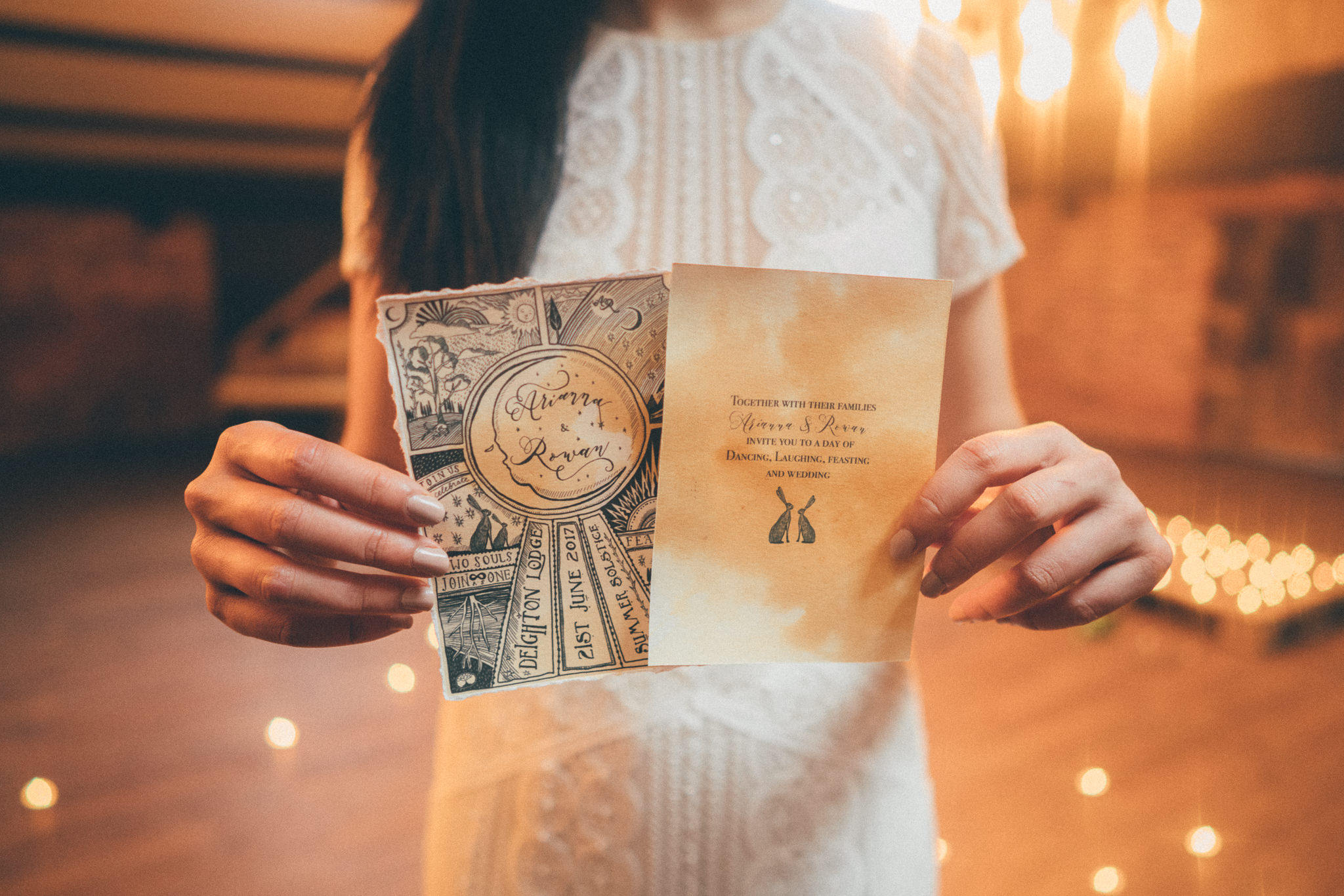 Tea stained & illustrated wedding invitation