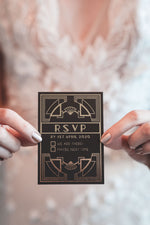 Load image into Gallery viewer, Art Deco Wedding Invitation with gold writing
