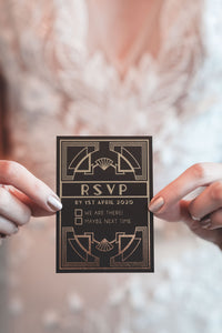Art Deco Wedding Invitation with gold writing