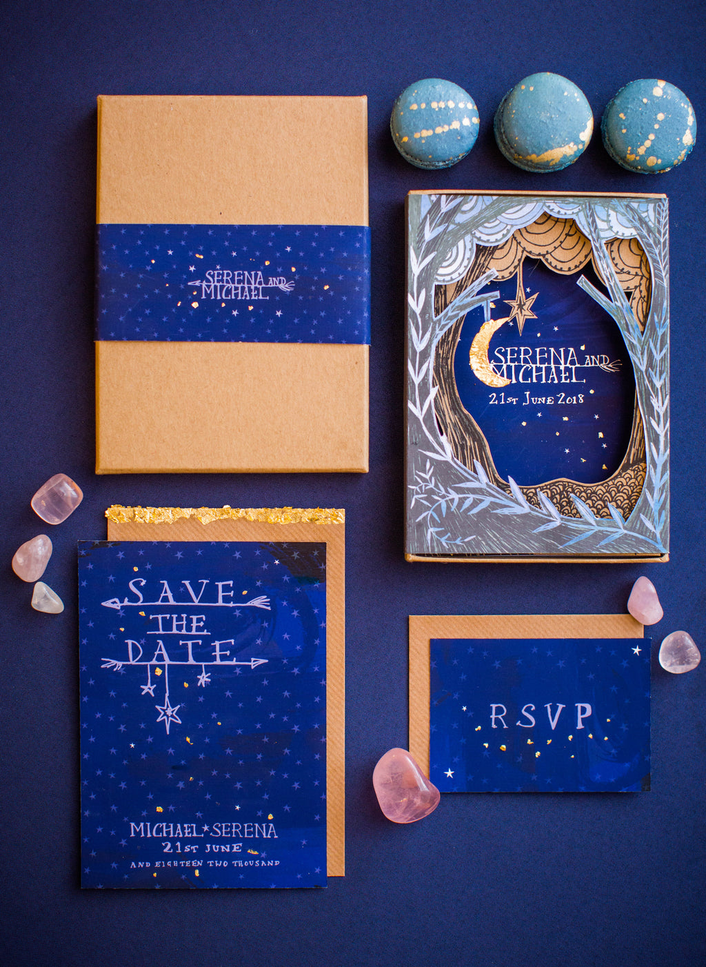 Laser cut boxed wedding invitation with woodland scene and gold leaf moon with save the date & rsvp.
