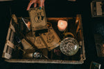Load image into Gallery viewer, Three decorative tarot cards with a bat hanging under the moon, the lovers and the world.
