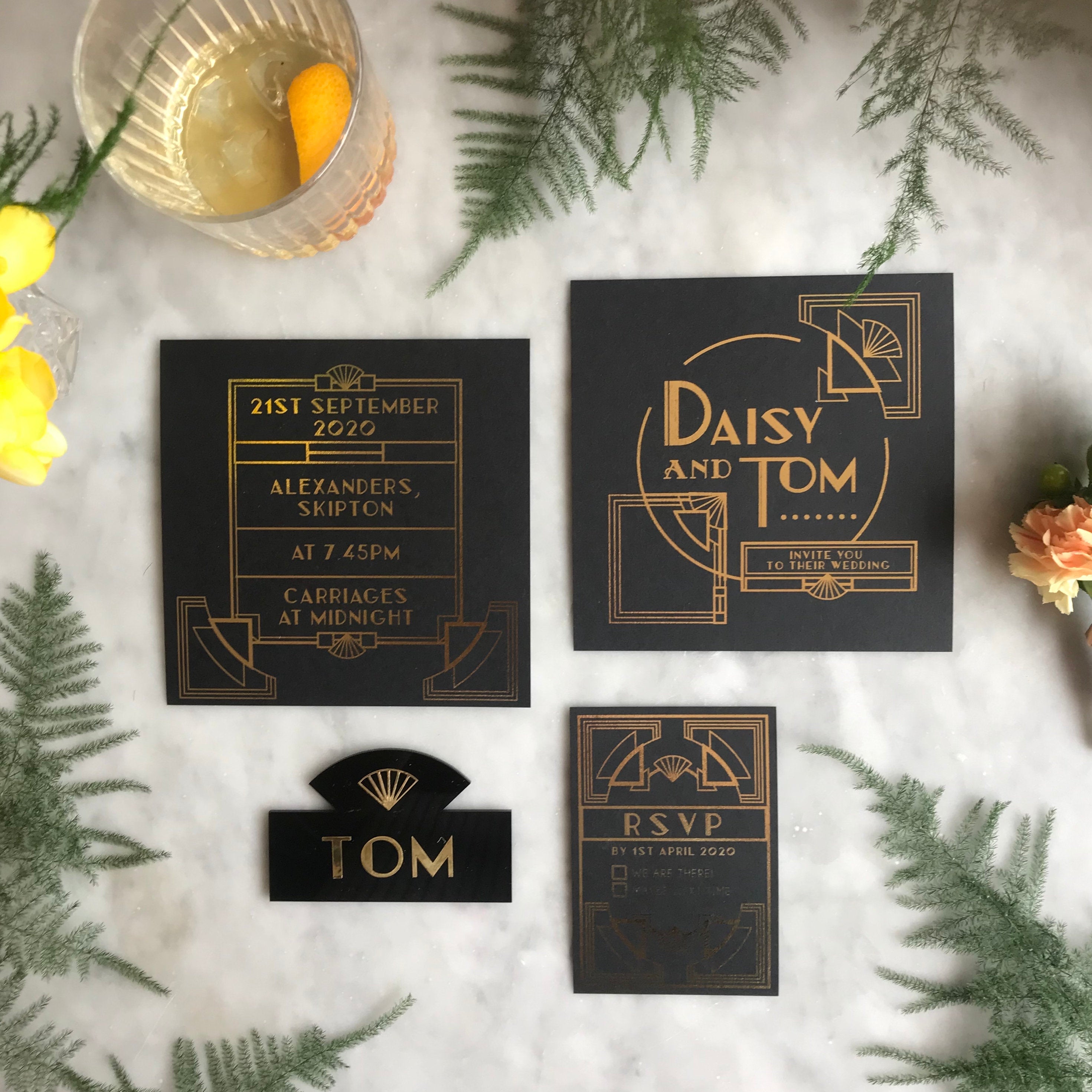 Art Deco Wedding stationary with RSVP, place name and invite