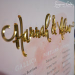 Load image into Gallery viewer, Blush pink seating plan with gold names of bride &amp; groom
