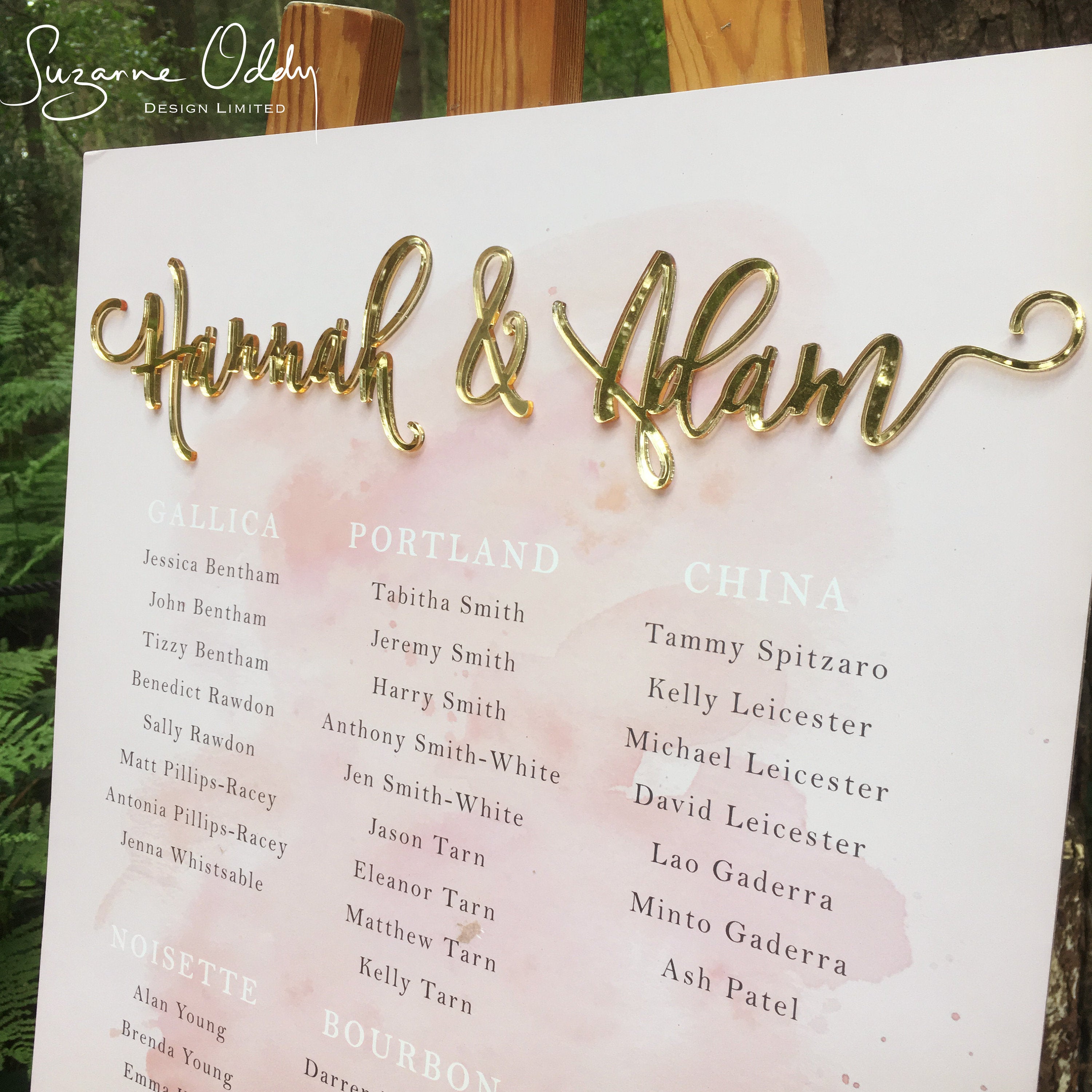 blush pink and gold wedding seating chart