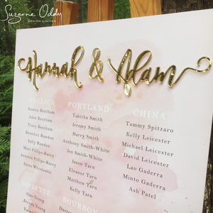 blush pink and gold wedding seating chart