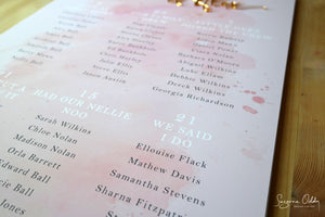 Blush pink seating plan with personalised table names