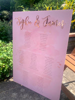 Load image into Gallery viewer, Blush pink seating plan with gold names &amp; location themed table names
