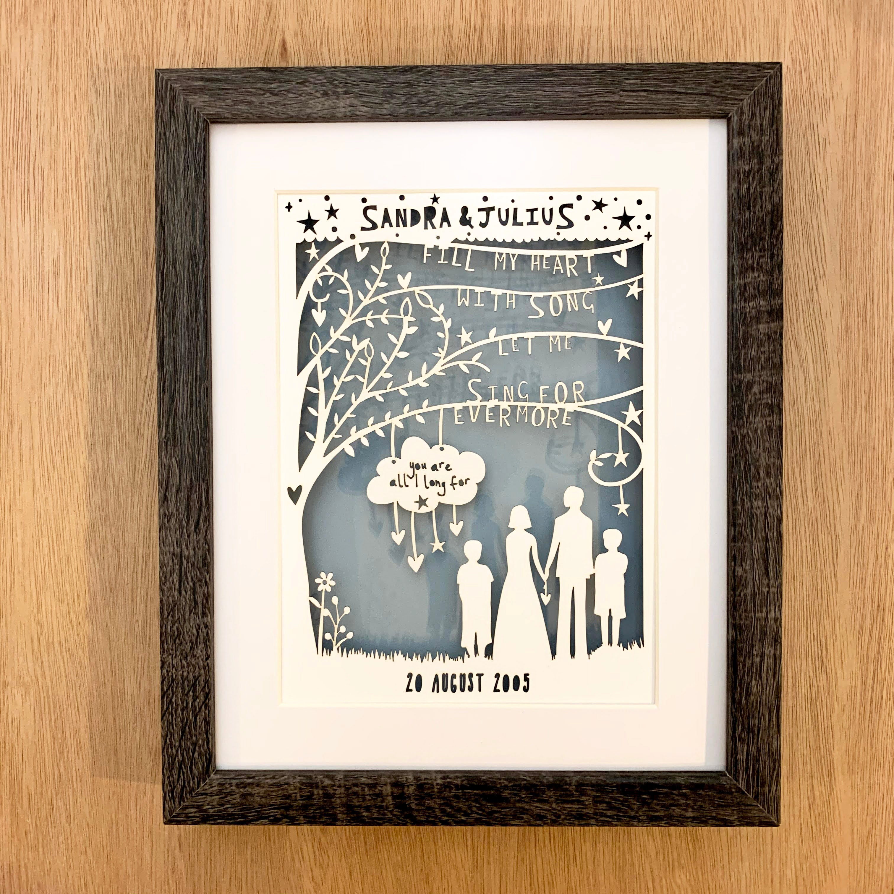 A personalised family papercut gift in dark frame