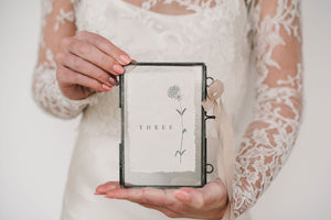  handmade rag paper table number with floral design in frame