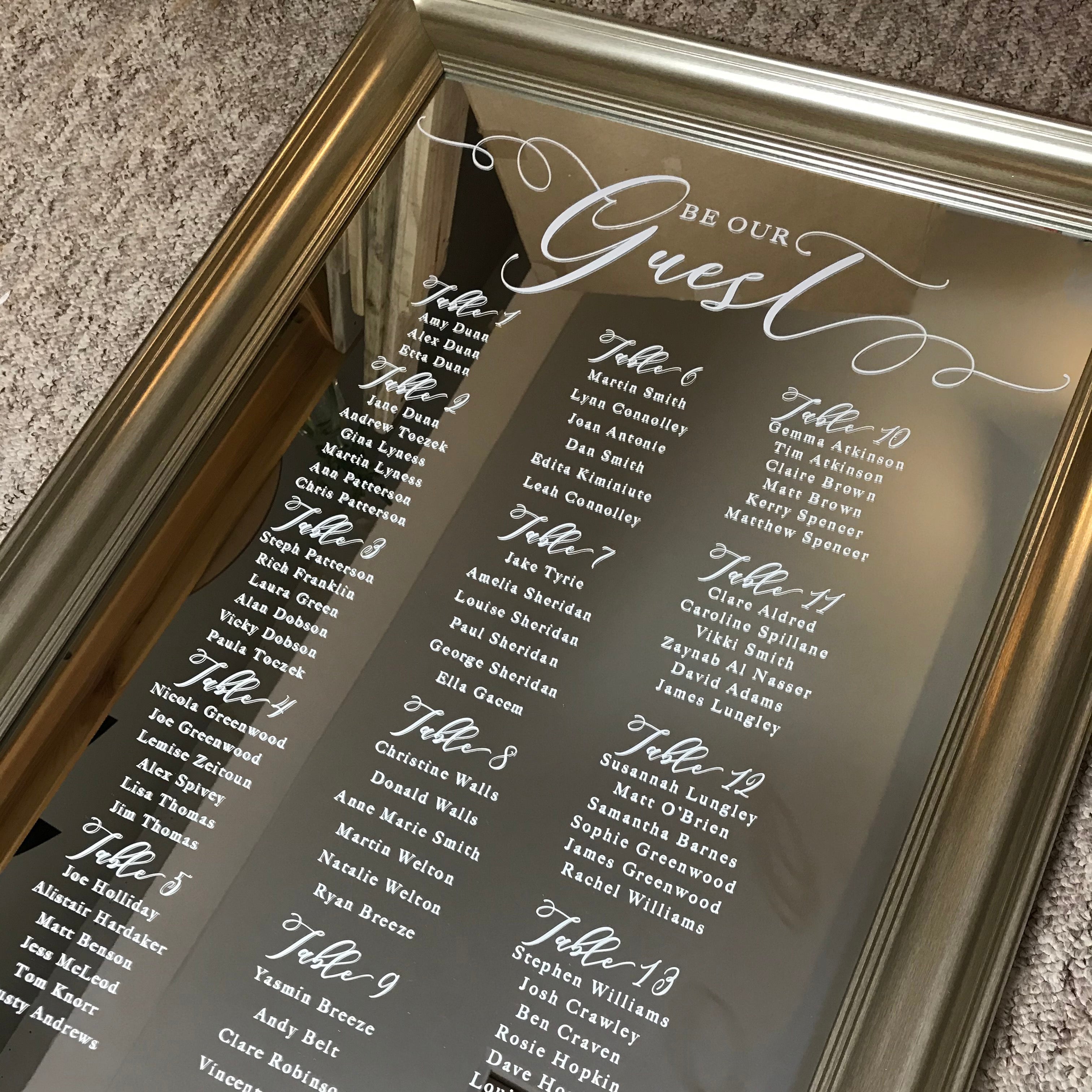 A gold framed mirrored seating plan with white writing