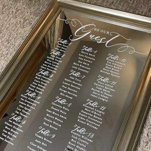 A gold framed mirrored seating plan with white writing