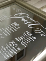 Load image into Gallery viewer, Wedding guest seating plan on mirror 
