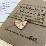 Load image into Gallery viewer, Woodland theme wedding invite with wooden initial detail
