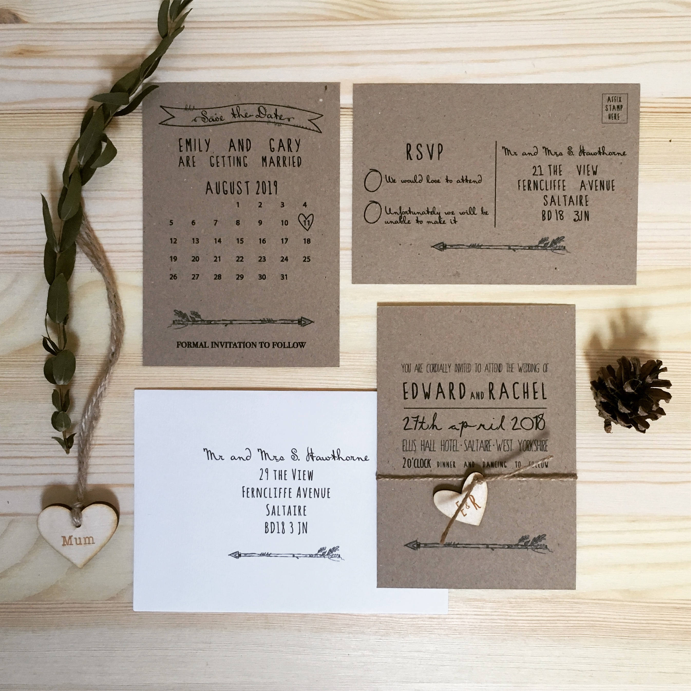 Woodland themed wedding stationary collection with RSVP, invitation and save the date.