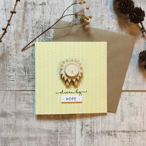 new baby card, dream big, yellow baby card, lion baby, gender neutral card, baby congratulations card, personalised baby card