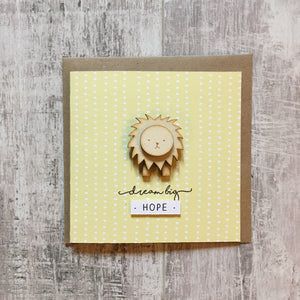 new baby card, dream big, yellow baby card, lion baby, gender neutral card, baby congratulations card, personalised baby card