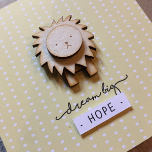 new baby card, dream big, yellow baby card, lion baby, gender neutral card, baby congratulations card, personalised baby card