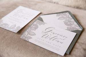 Save the date, grey sace the date, save the date card, lace save the date, dove grey wedding, grey wedding, classic wedding, white and grey