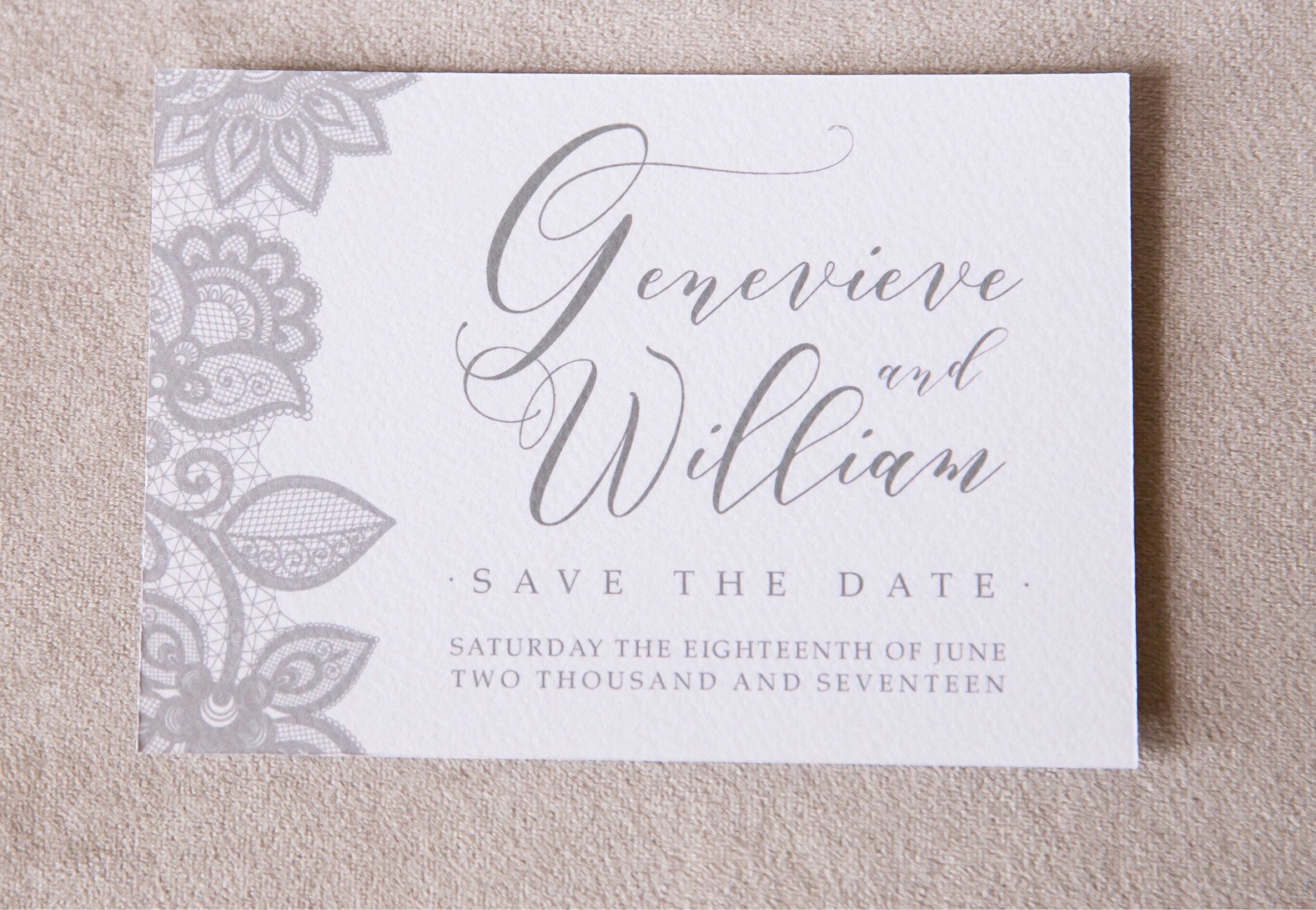 Save the date, grey sace the date, save the date card, lace save the date, dove grey wedding, grey wedding, classic wedding, white and grey