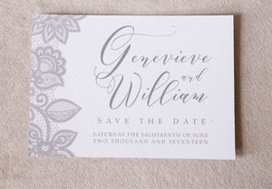 Save the date, grey sace the date, save the date card, lace save the date, dove grey wedding, grey wedding, classic wedding, white and grey