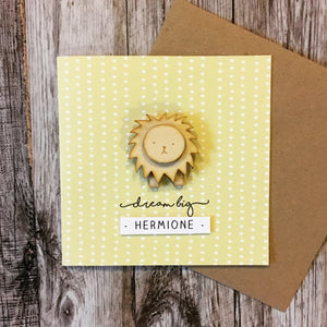 new baby card, dream big, yellow baby card, lion baby, gender neutral card, baby congratulations card, personalised baby card