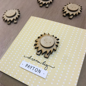 new baby card, dream big, yellow baby card, lion baby, gender neutral card, baby congratulations card, personalised baby card