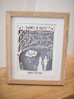 Load image into Gallery viewer, A personalised anniversary themed papercut in a frame
