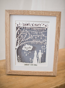 A personalised anniversary themed papercut in a frame