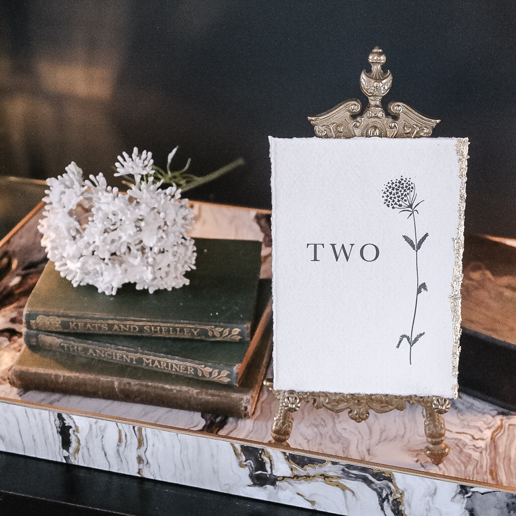 Handmade rag paper table number with floral design