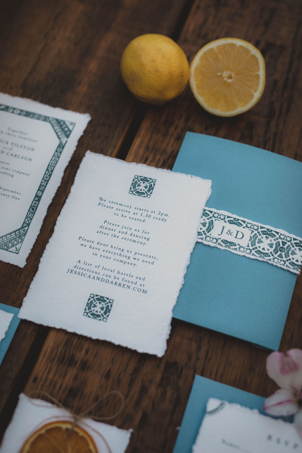 Mediterranean style wedding stationary with order of service