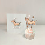 Load image into Gallery viewer, A wooden sausage dog cupcake topper and birthday card with wooden decal
