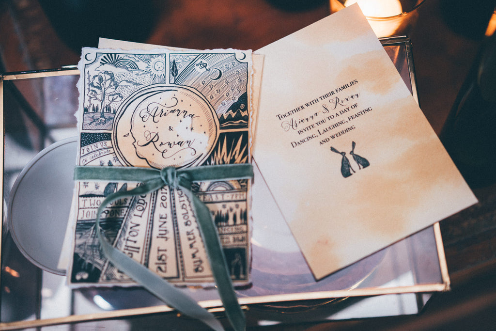 Illustrated tea stained wedding invitation