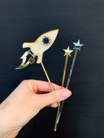 Load image into Gallery viewer, wooden rocket and acrylic stars shaped cake topper.
