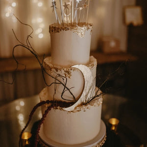 A 3 tier  cake with crescent moon, star shower cake topper and woodland branches.