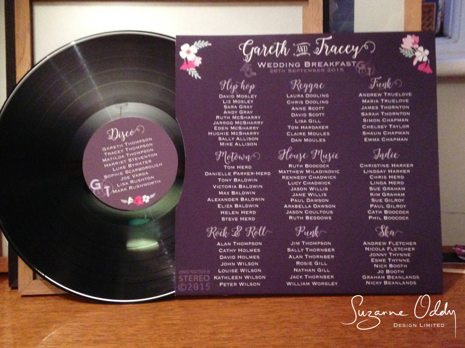 A wedding breakfast sign shaped like a record and sleeve.