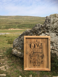 Fairytale Wooden Wedding Sign in outdoors
